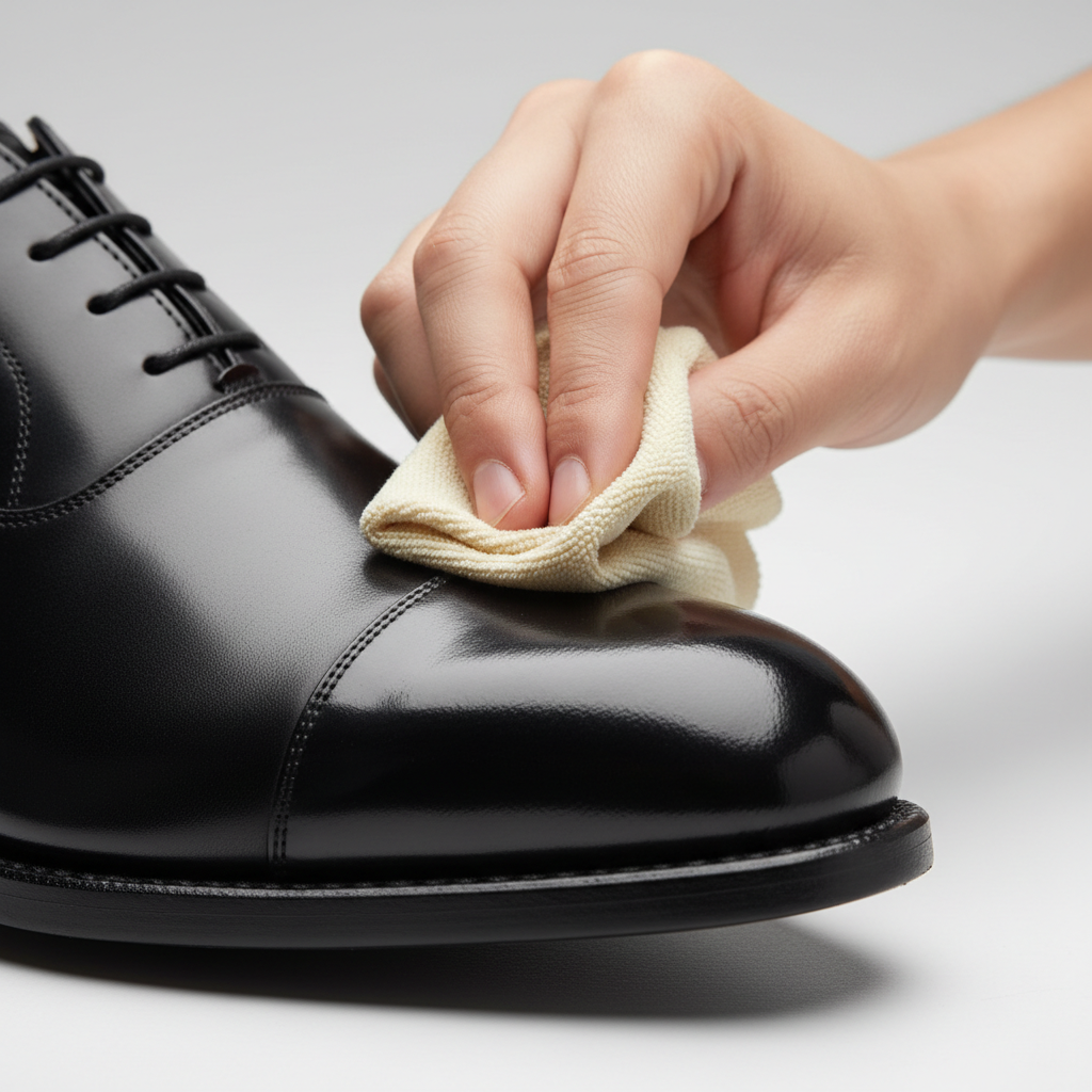 Buffing wax polish on the toe of a black leather oxford for a high shine