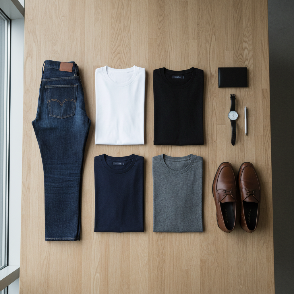 Minimal men’s capsule wardrobe featuring premium T-shirts in neutral colors