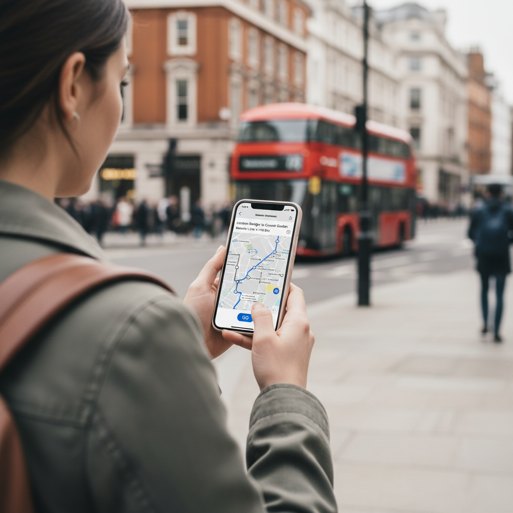 Traveler using Citymapper or Google Maps to plan a London Tube and bus route