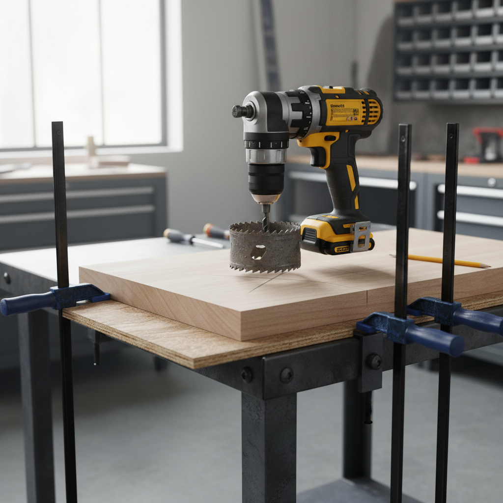 Drilling setup showing clamped wood with a backing board and hole saw aligned at center mark