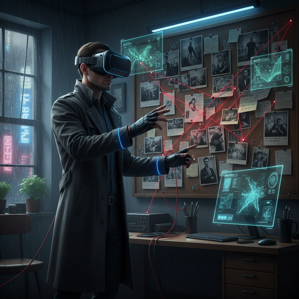 VR detective investigating clues on a corkboard in a moody room