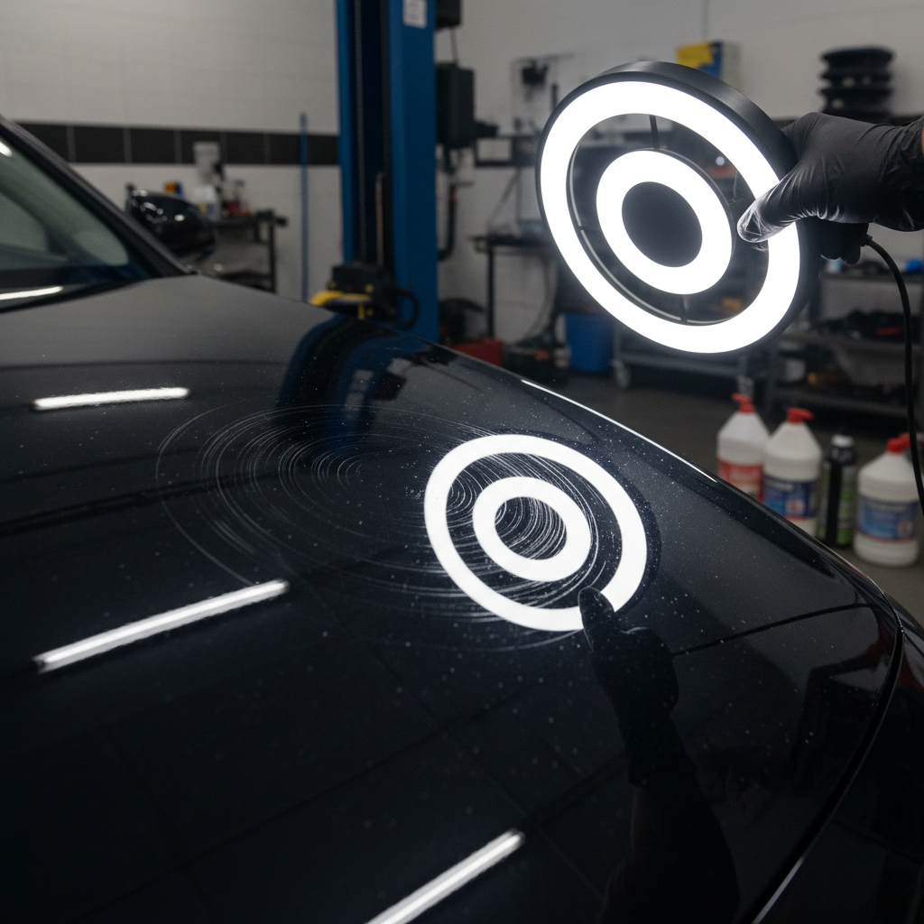 Close-up of car paint swirl marks under bright inspection light