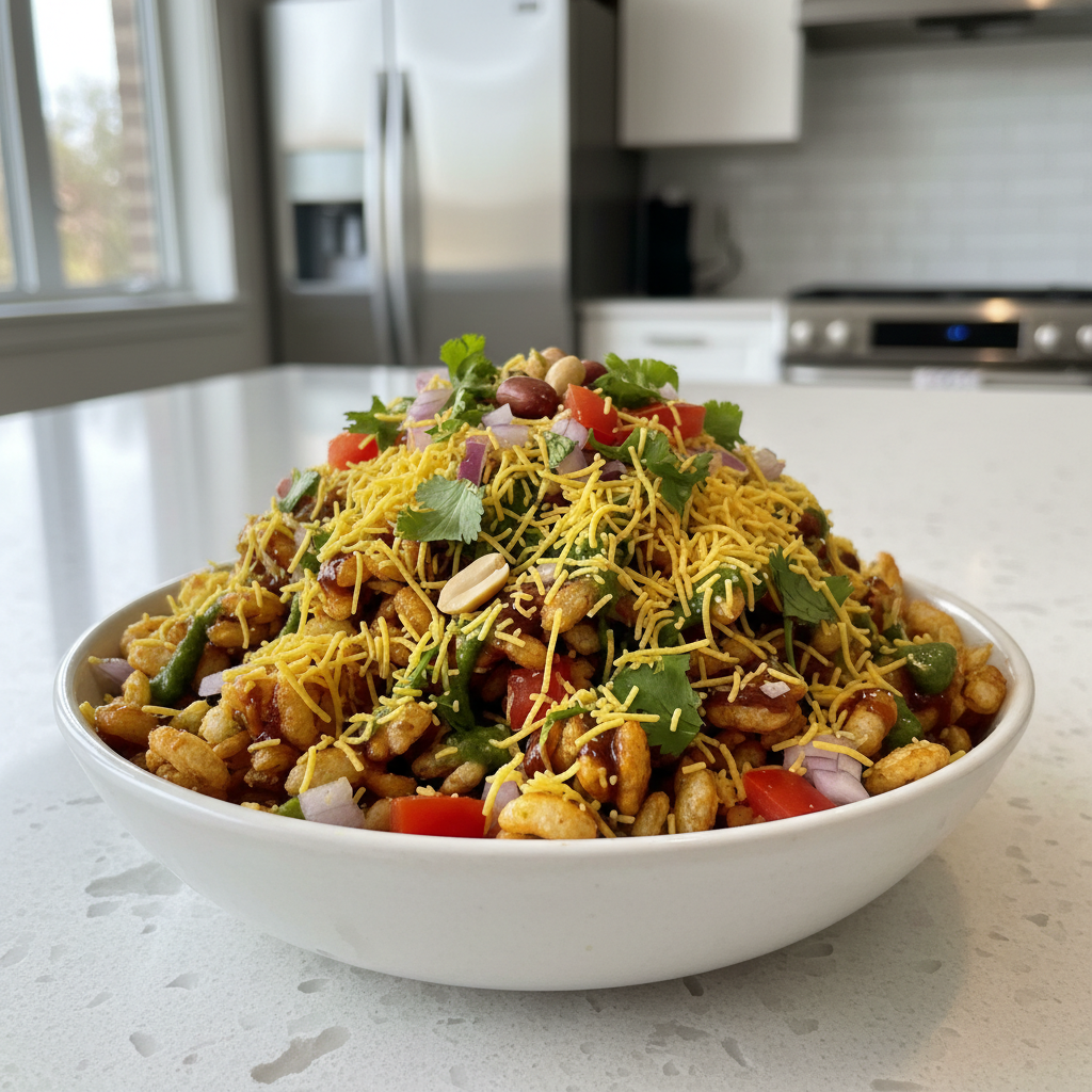 Crispy puffed rice bhel puri with chutneys, sev, onions, and cilantro in a bowl