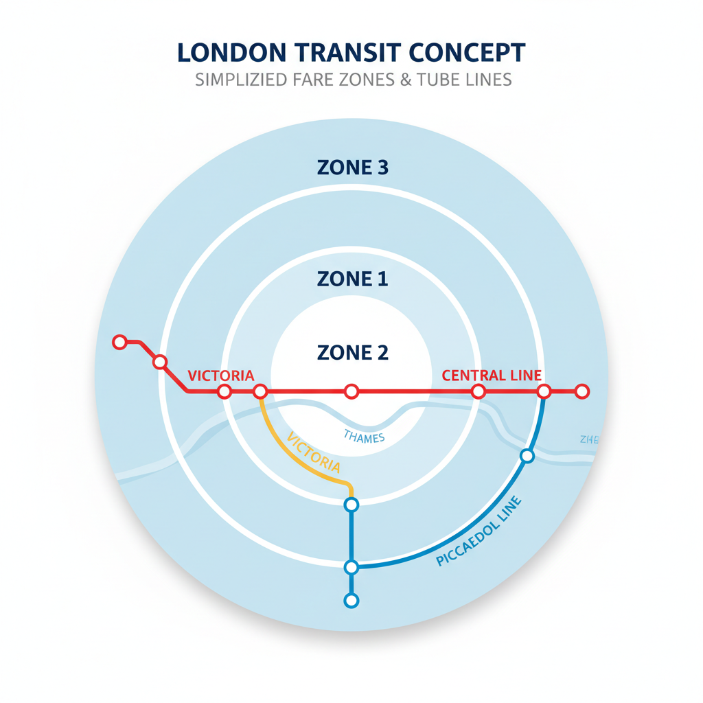 Simplified London fare zones map concept with Tube lines and zone rings