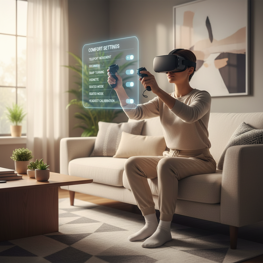 Player adjusting VR comfort settings for hunting game locomotion and turning