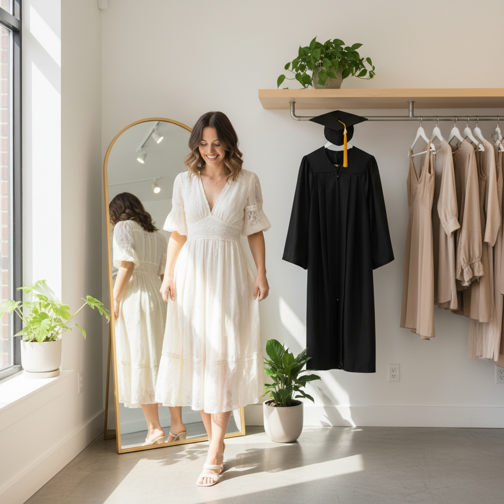 Woman choosing a graduation dress in front of a mirror with cap and gown nearby