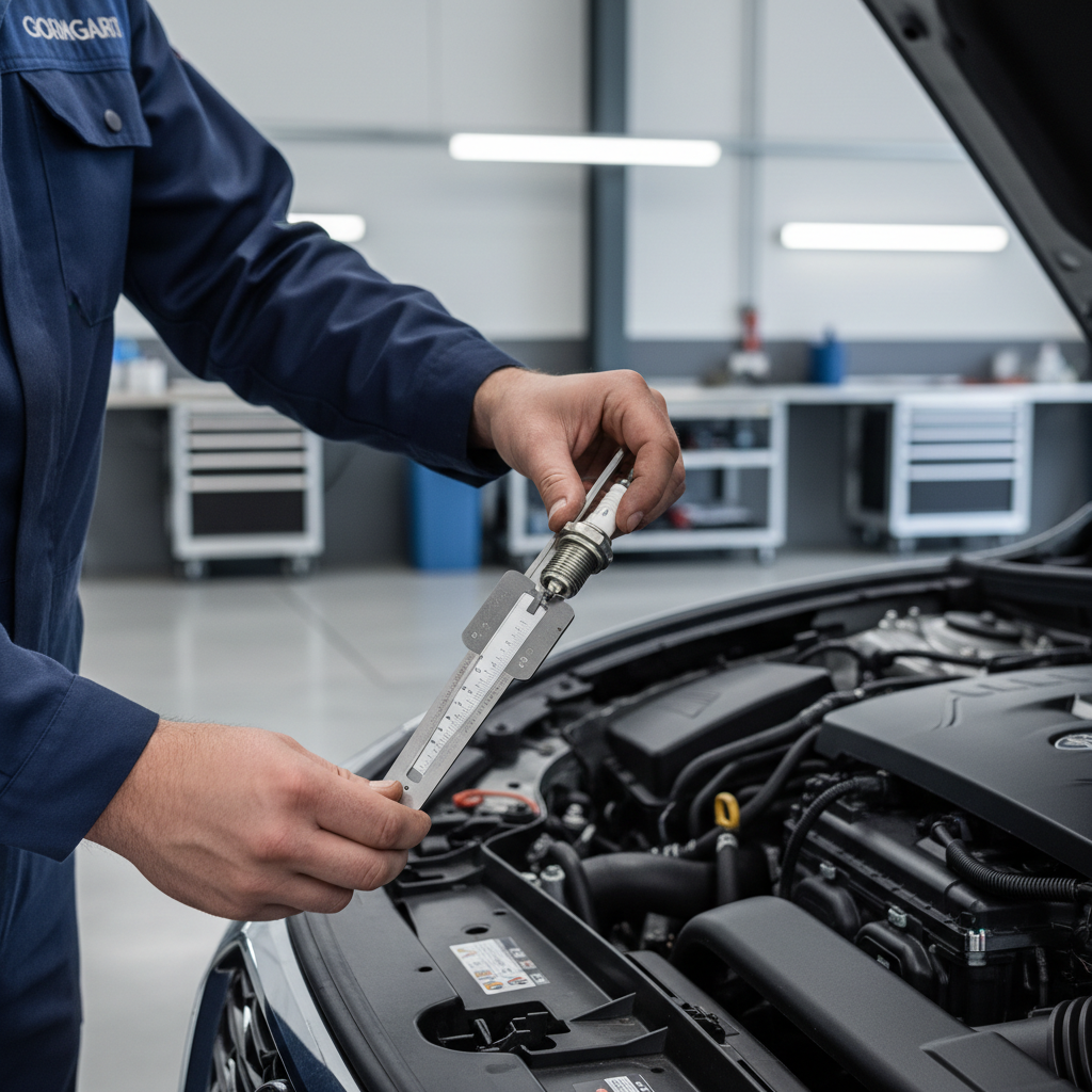 Mechanic checking spark plug gap with a feeler gauge for better fuel economy