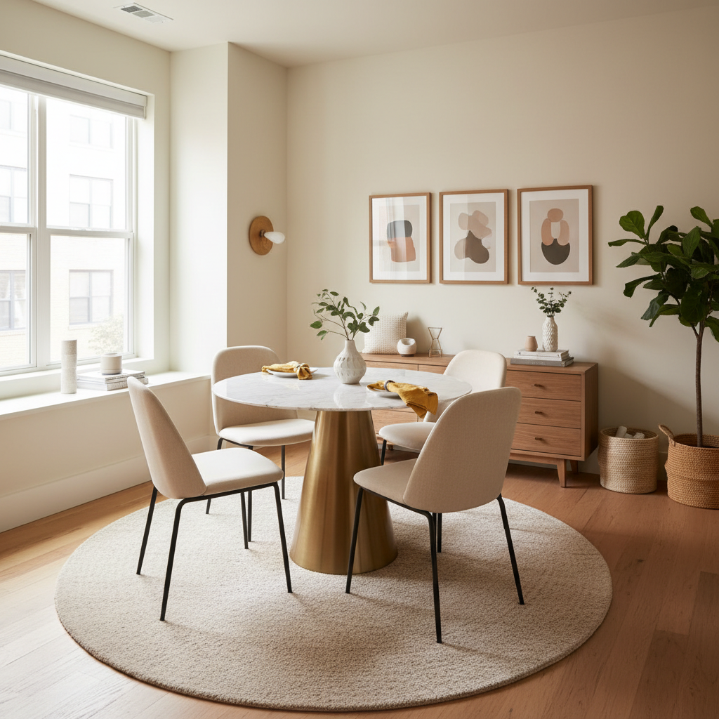 Compact dining area for four in a small apartment with round table and space-saving chairs