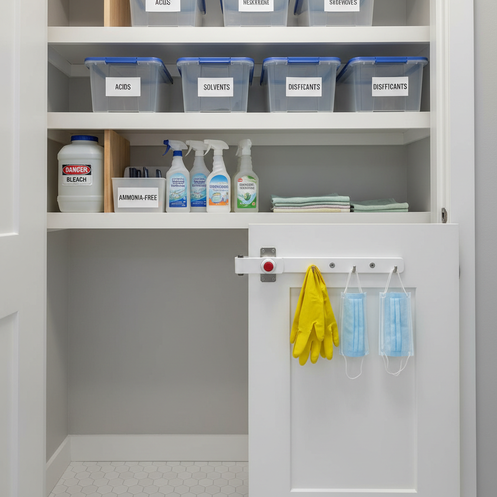 Cleaning closet safety setup with childproof storage and separated chemicals