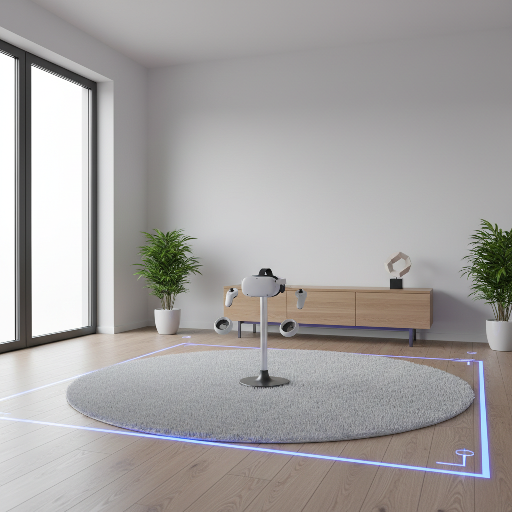 VR room setup for competitive play with clear play space and headset on a stand
