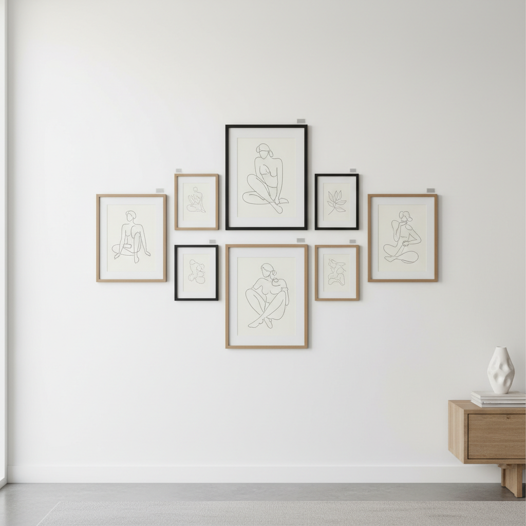 Damage-free gallery wall using removable strips and neutral frames in a rental