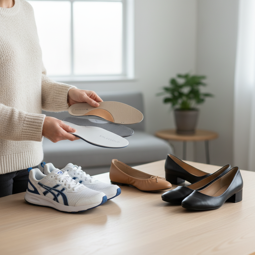 Woman comparing shoe inserts for comfort at home with different footwear types