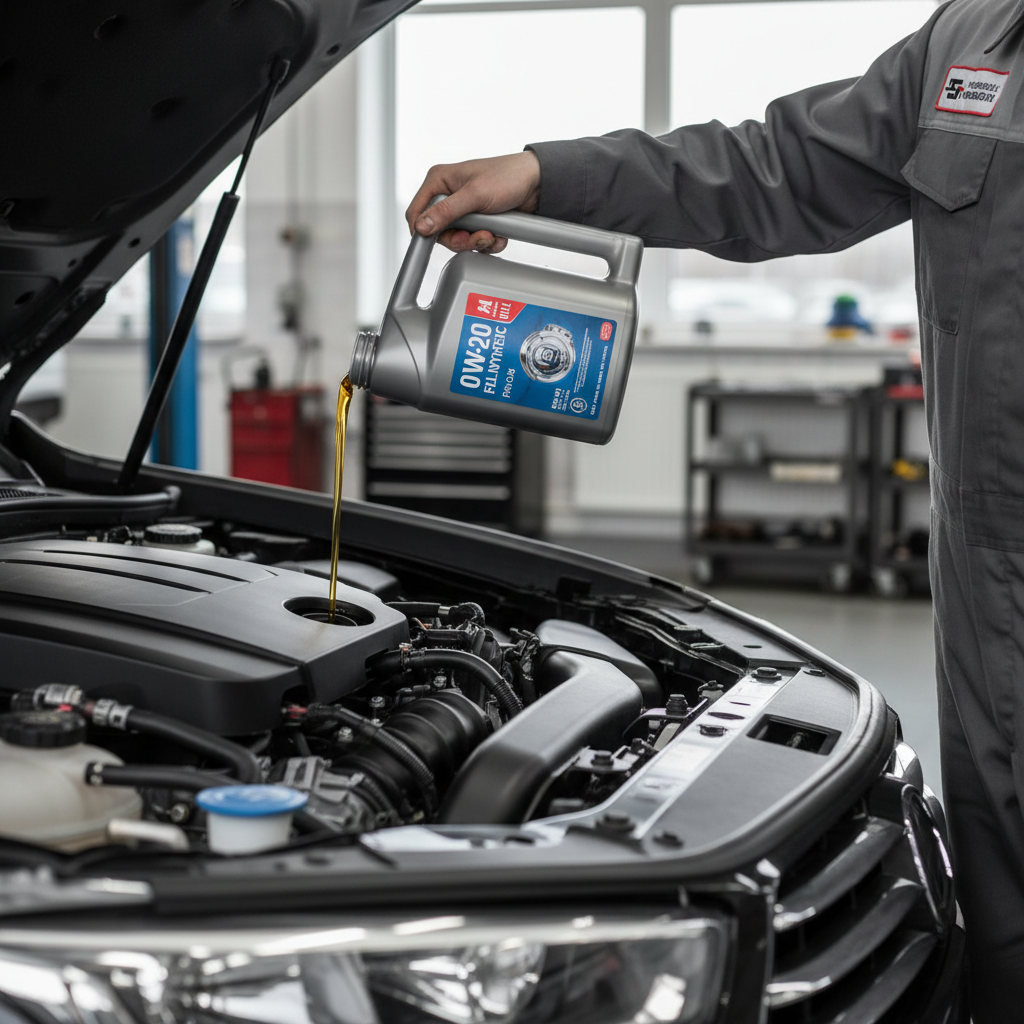 Mechanic pouring 0W-20 synthetic oil into a modern car engine in a service bay
