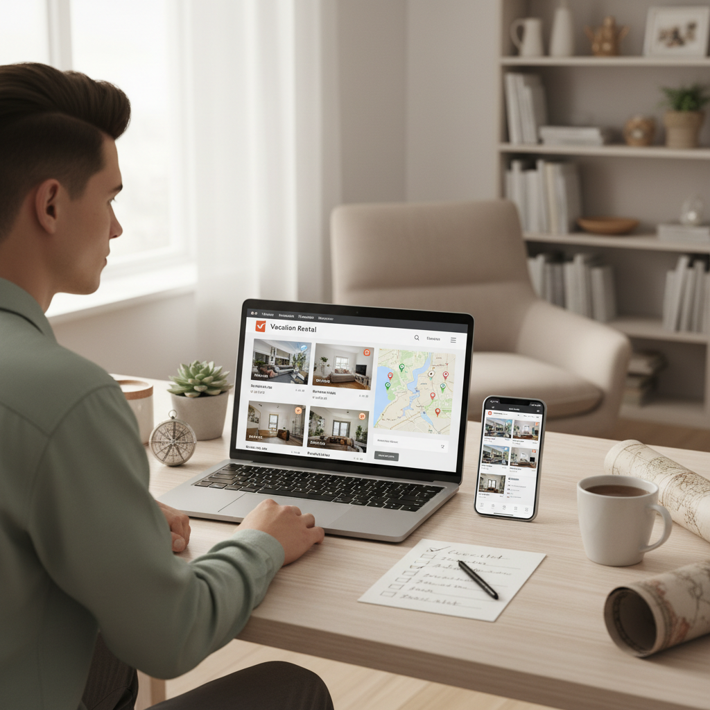 Traveler comparing vacation rental listings and verifying details on a laptop