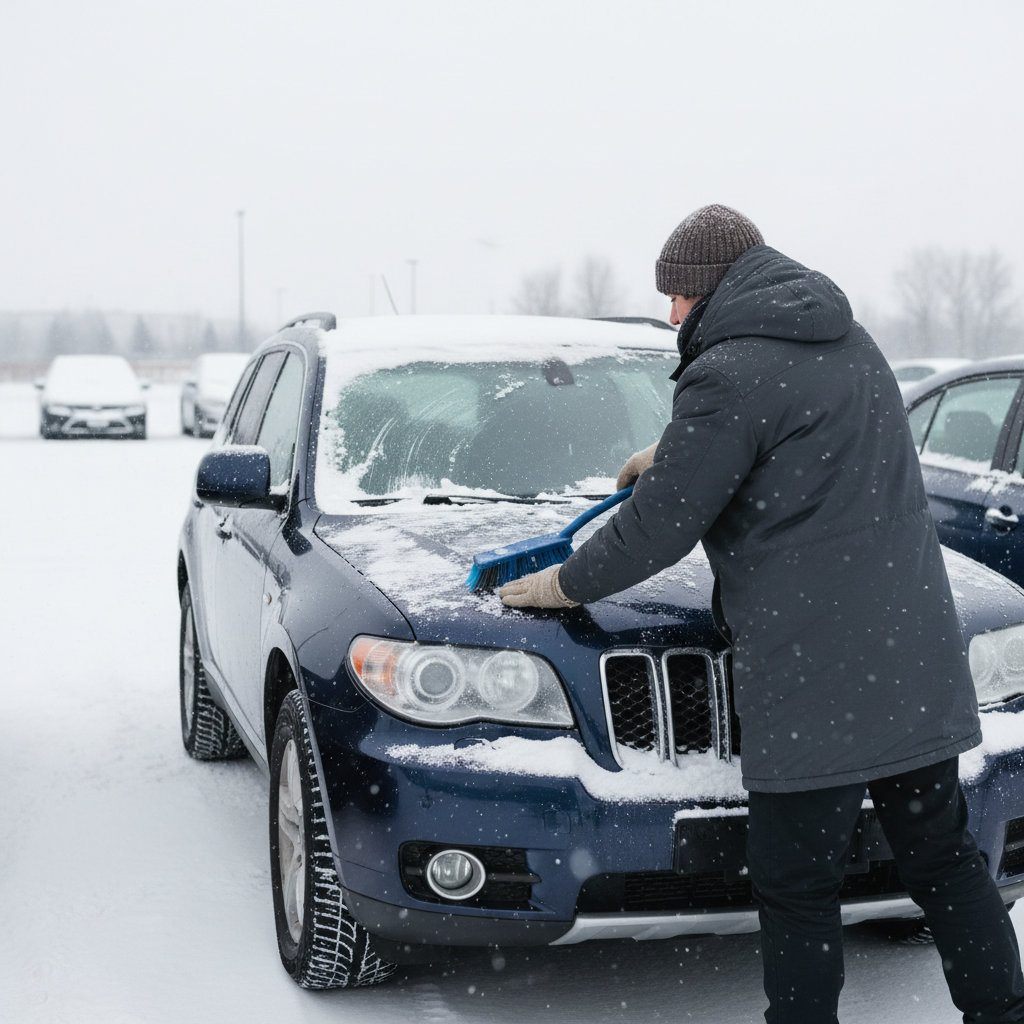 Driver clearing snow off roof windshield and headlights with proper technique