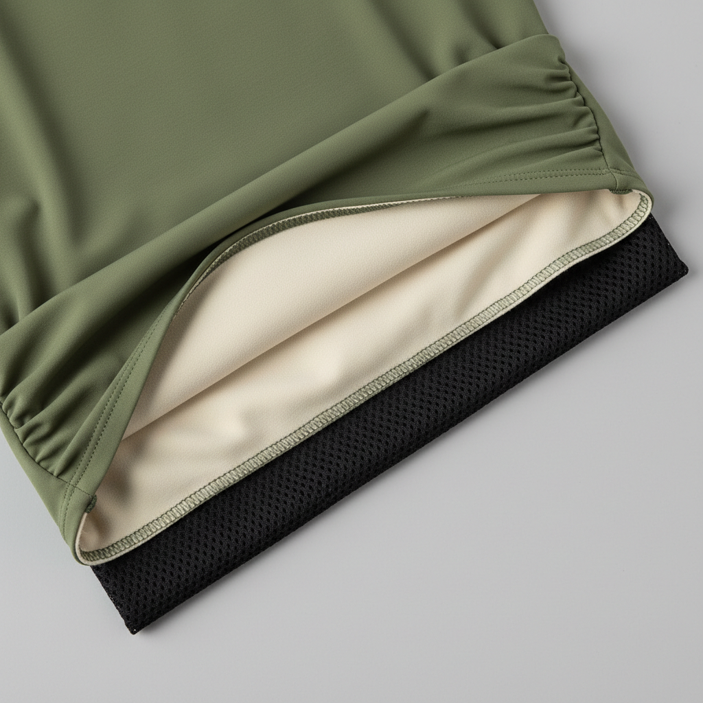 Close-up of swimsuit fabric showing lining and compression panel details