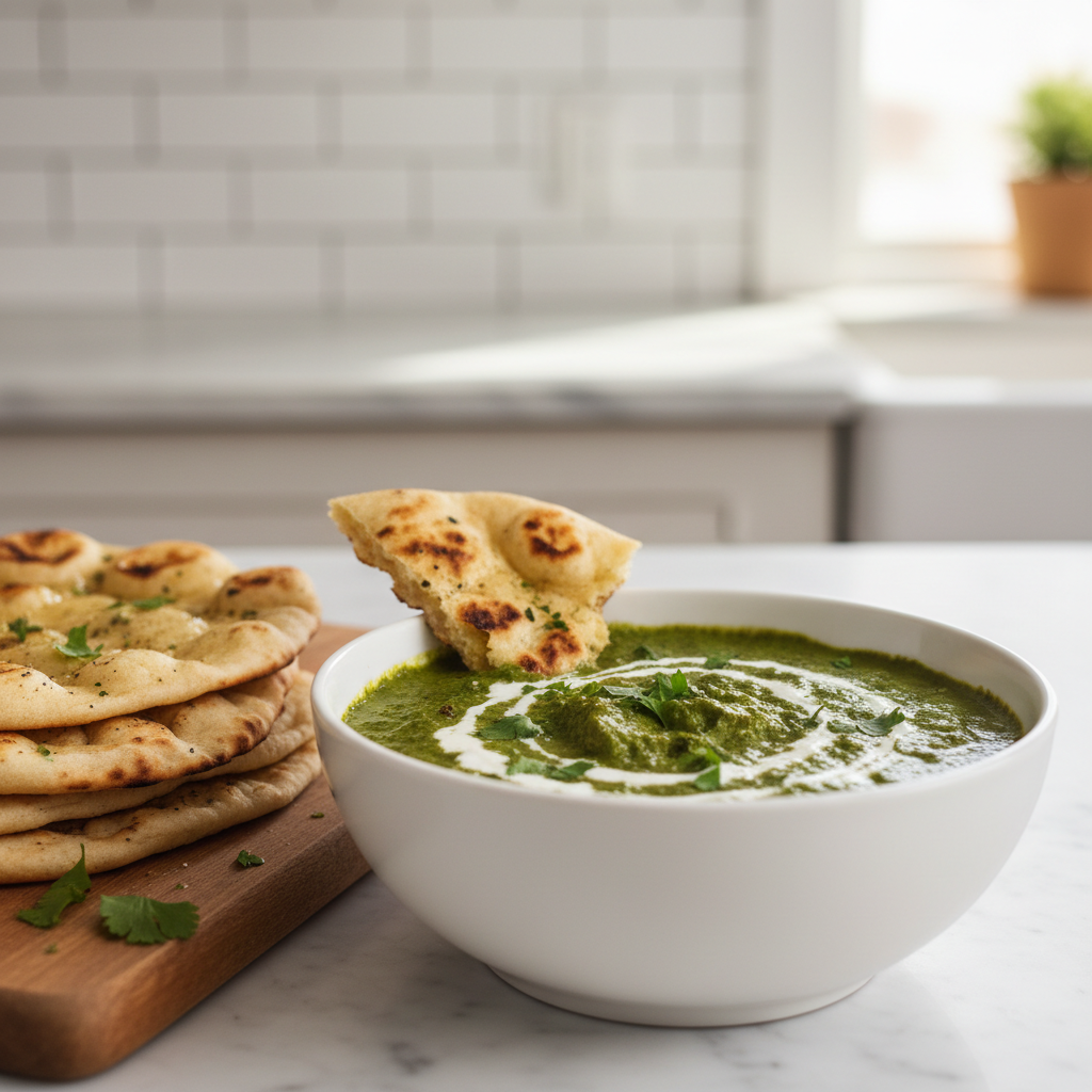 Creamy palak paneer in a bowl with naan and fresh cilantro