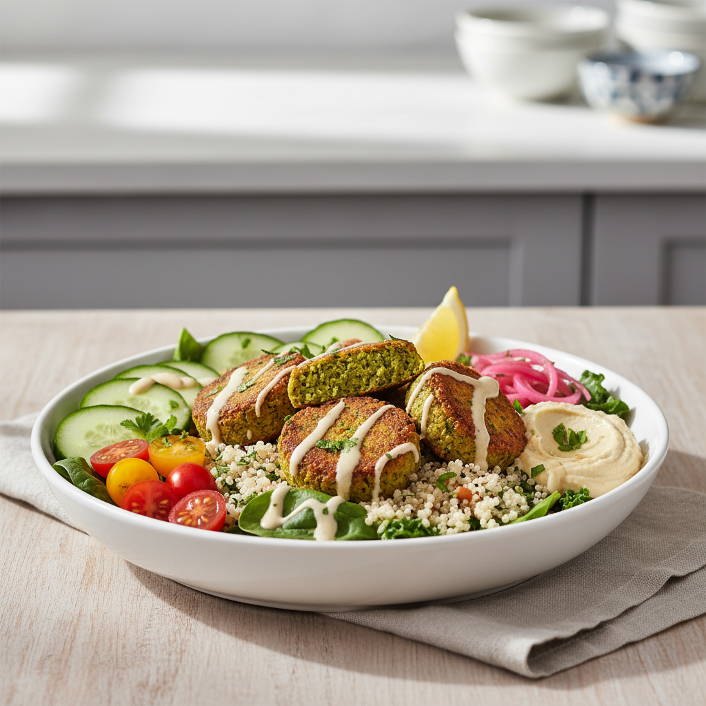 Healthy falafel bowl with baked falafel, cucumber, tomato, hummus, and tahini drizzle