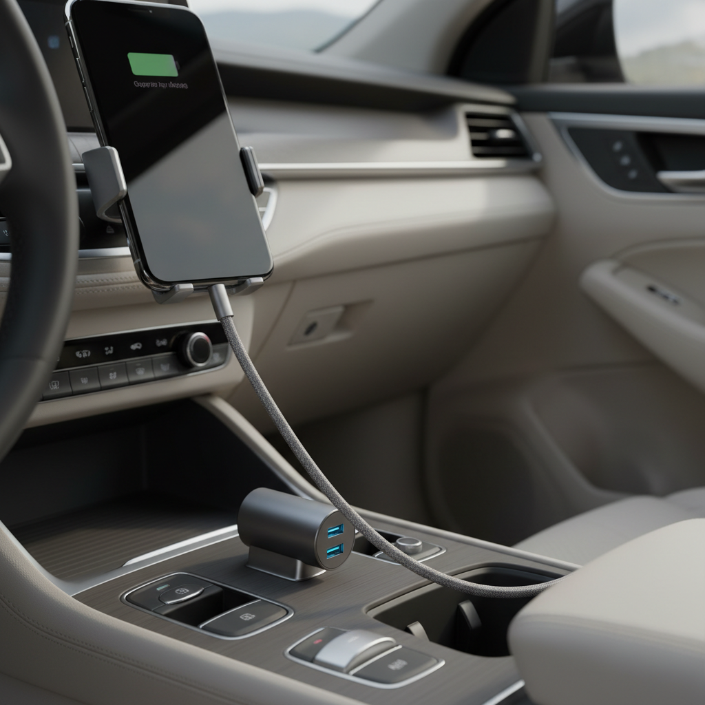 USB-C car charger plugged into a vehicle 12V socket charging an iPhone