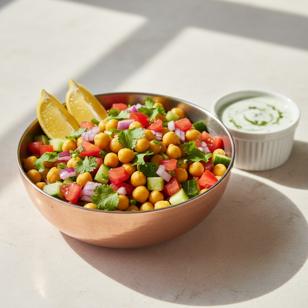 Healthy chana chaat bowl with chickpeas, cucumber, tomato, onion, herbs, and lemon
