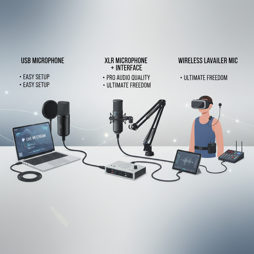 Comparison table concept for USB, XLR, and wireless microphones for VR streaming
