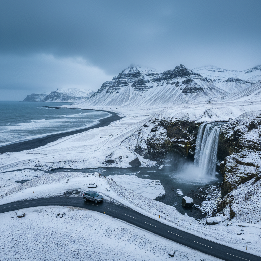 Iceland winter road trip with waterfall and snowy mountains near the coast