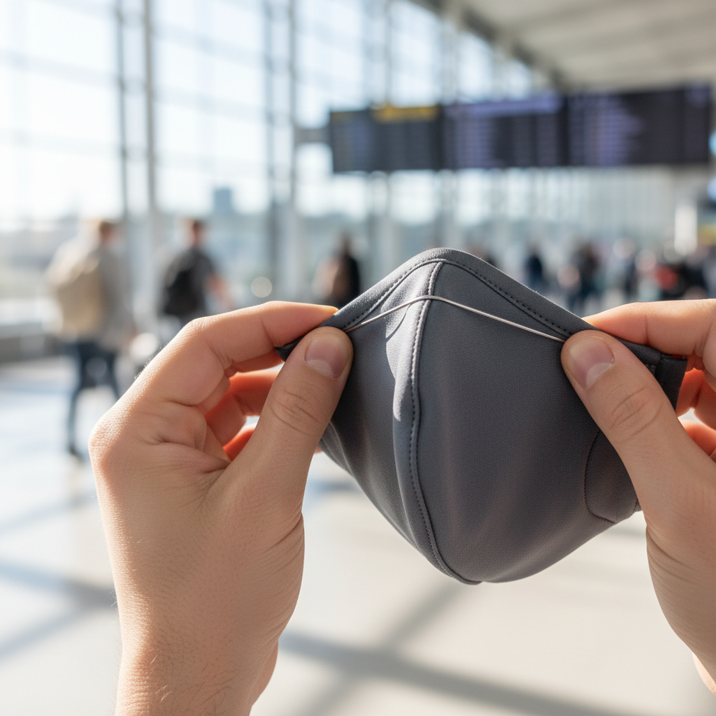 Hands adjusting nose wire on a well-fitting travel face mask before boarding