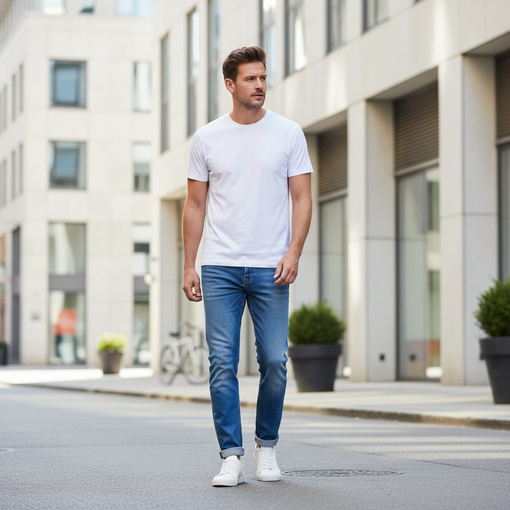 Men wearing a plain white tee with jeans and sneakers in a clean minimal outfit
