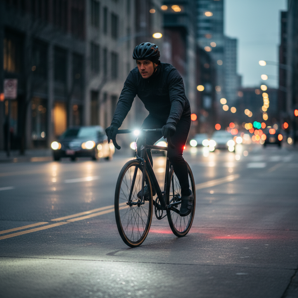 Urban cyclist using front and rear bike lights at dusk for safety