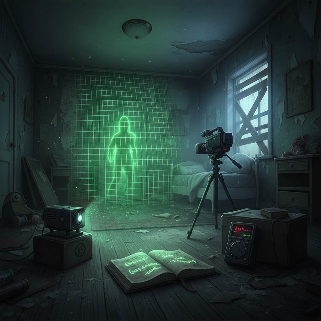 Phasmophobia VR evidence setup with DOTS projector, writing book, and video camera on tripod