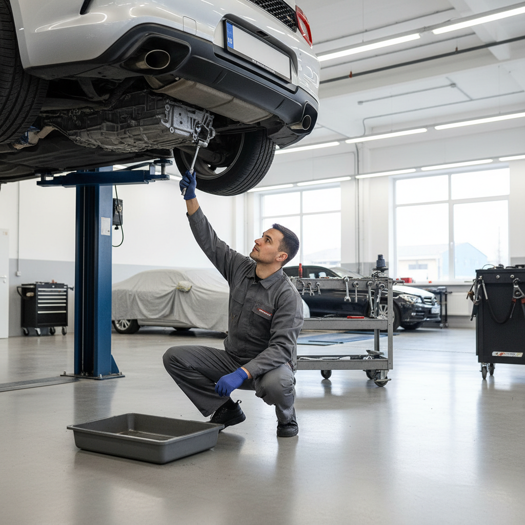 Technician checking sealed transmission fluid level plug under a vehicle on a lift