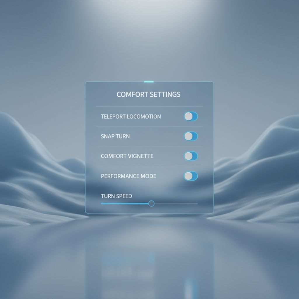 Comfort settings in VR social app teleport snap turn performance options