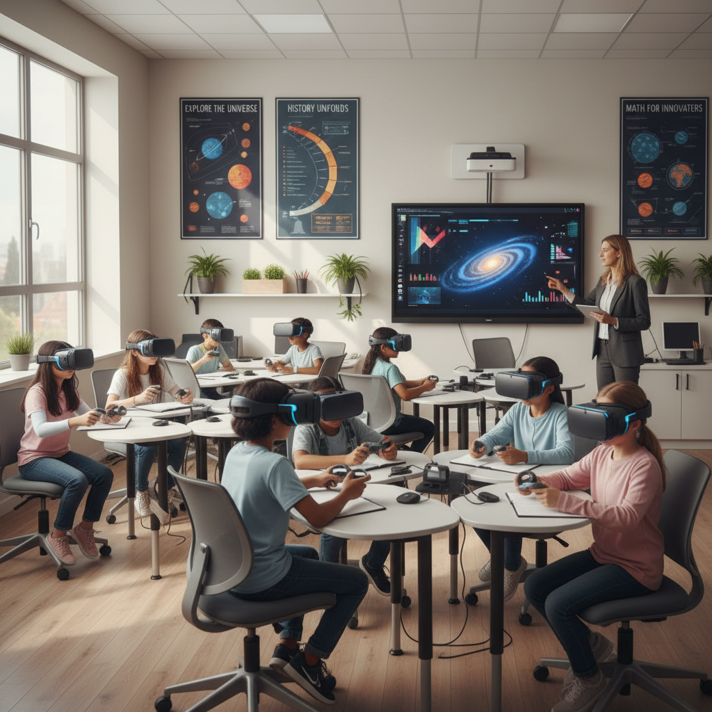 Students using VR headsets in a classroom learning environment