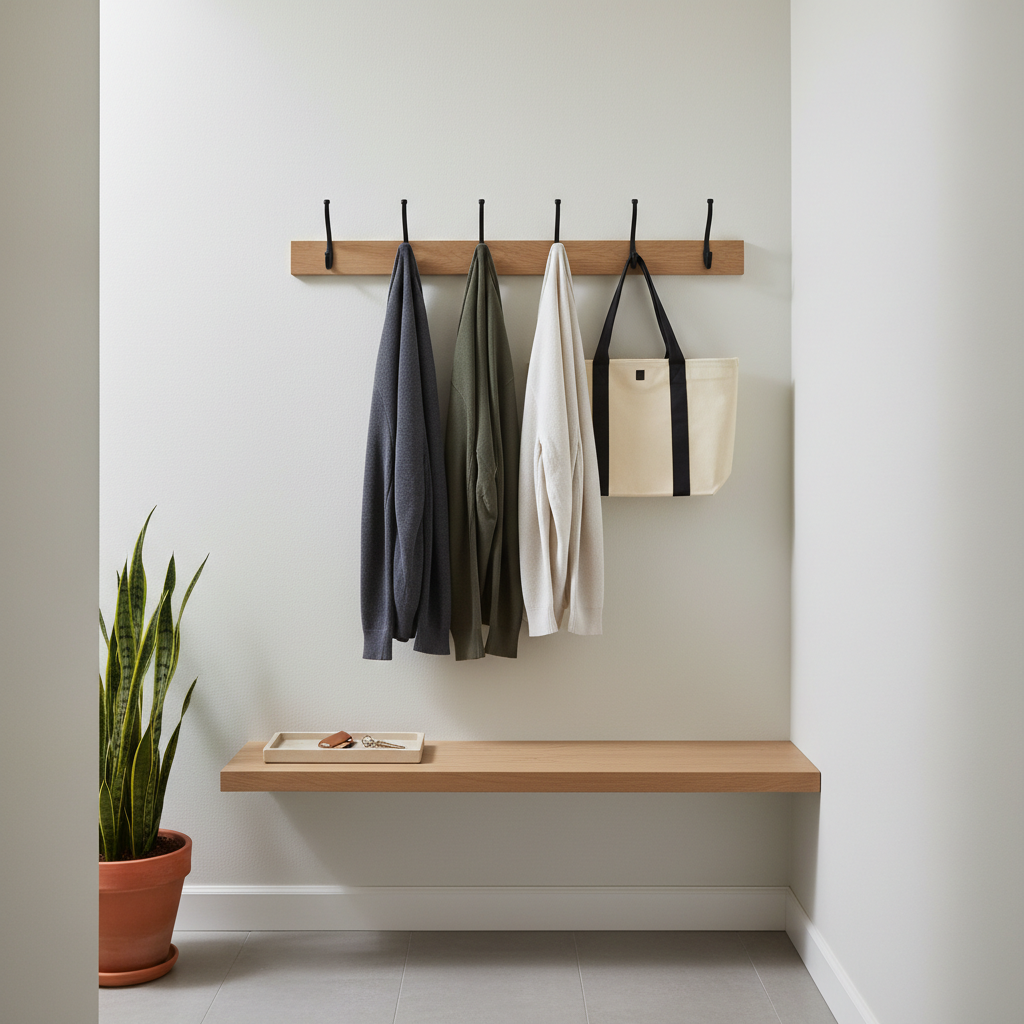 Wall-mounted entry storage with hooks and floating shelf in a small hallway