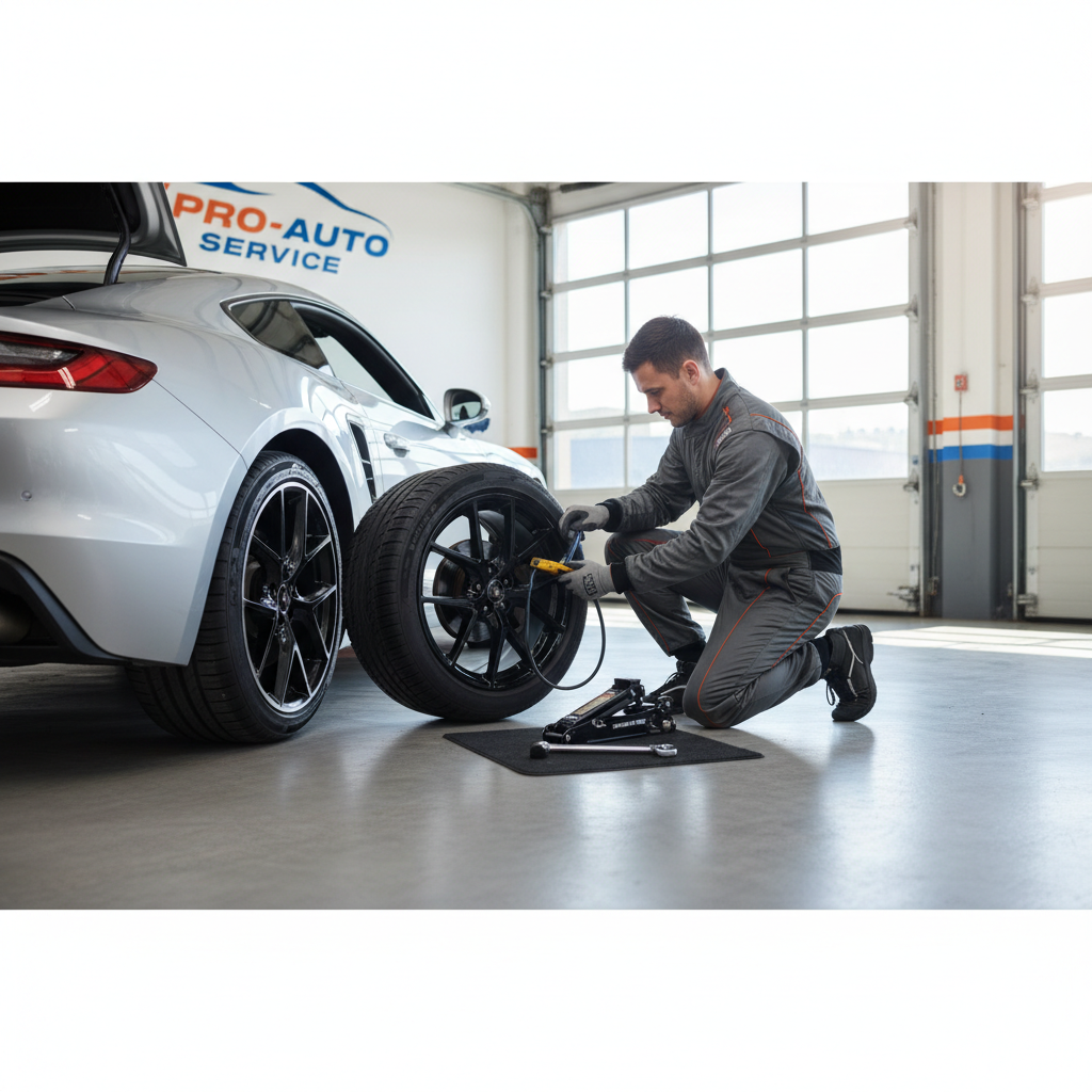 Driver checking spare tire pressure and rechecking lug nuts after changing a flat tire