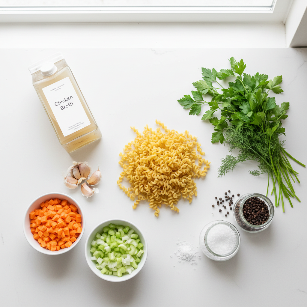 Chicken noodle soup ingredients on a kitchen counter: carrots, celery, onion, broth, egg noodles