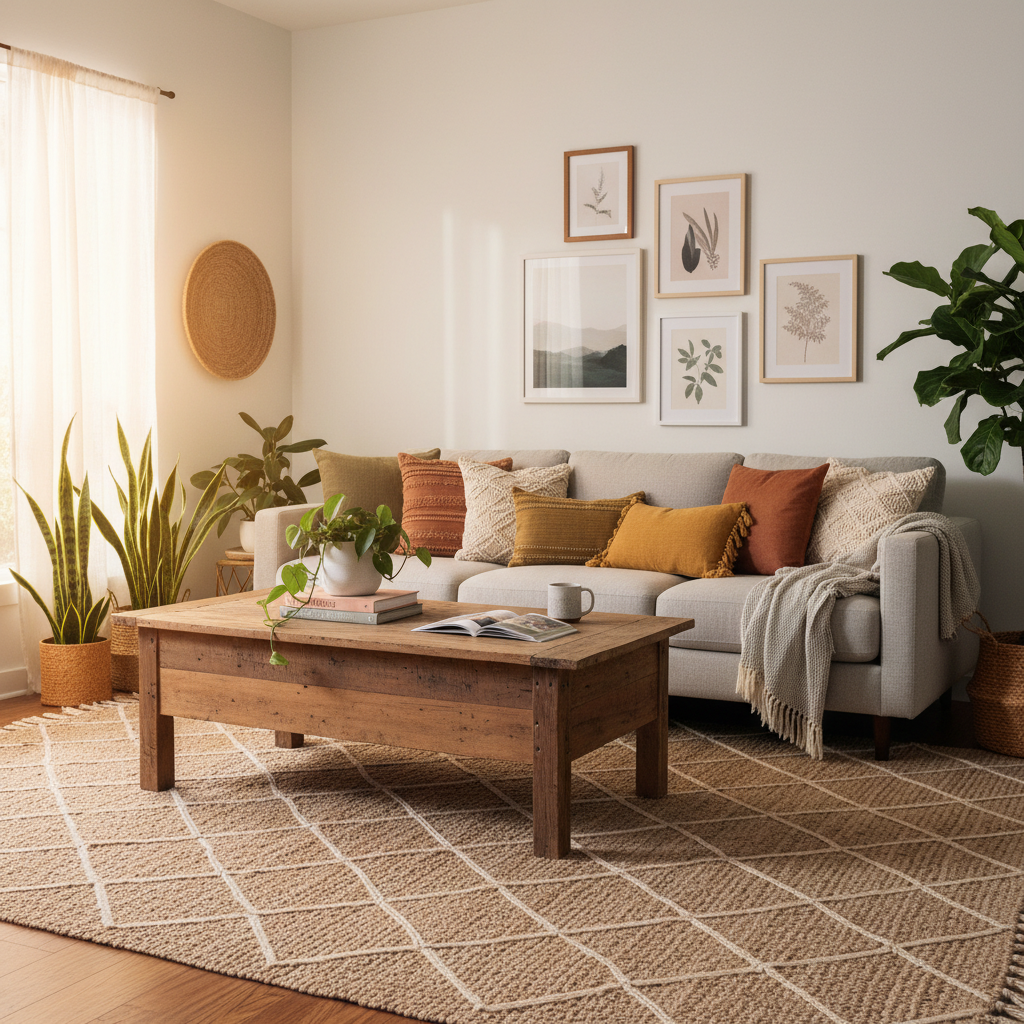 Cozy budget boho living room with layered textiles and thrifted decor