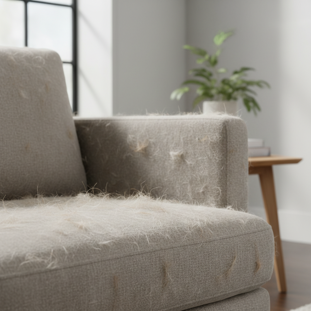 Pet hair stuck on a fabric couch cushion before cleaning