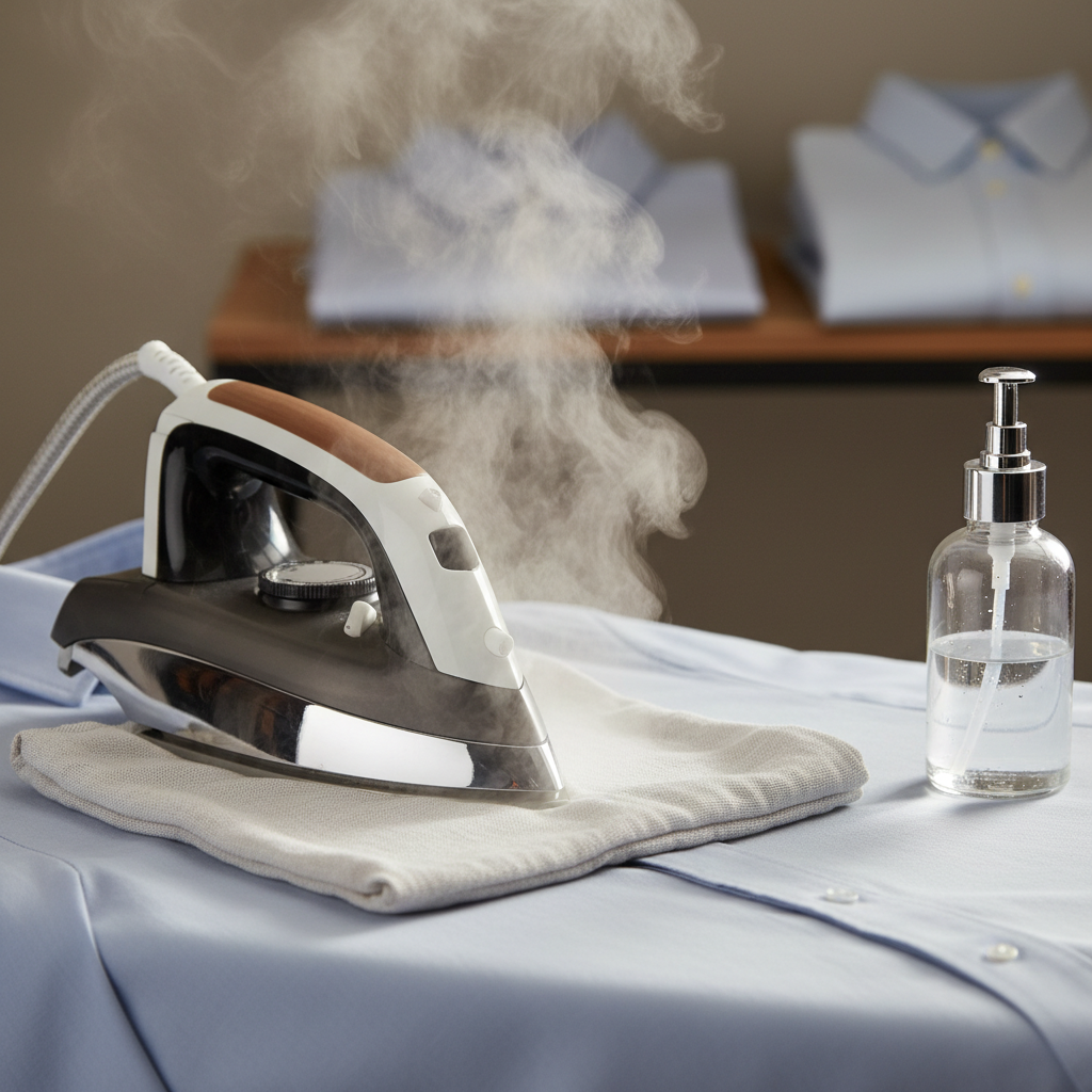 Close-up of steam ironing a stubborn wrinkle with pressing cloth and spray bottle