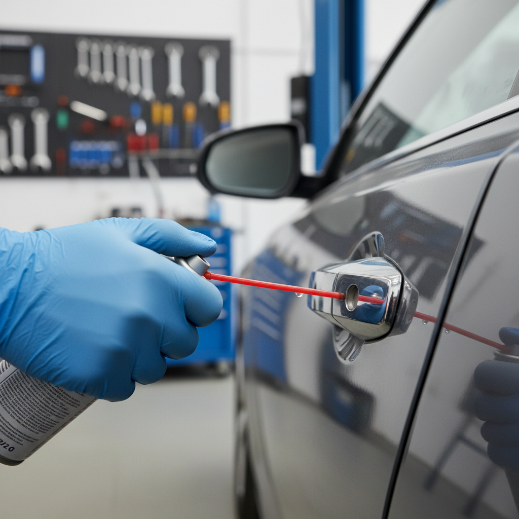 Applying lubricant to a car door lock cylinder with a straw nozzle