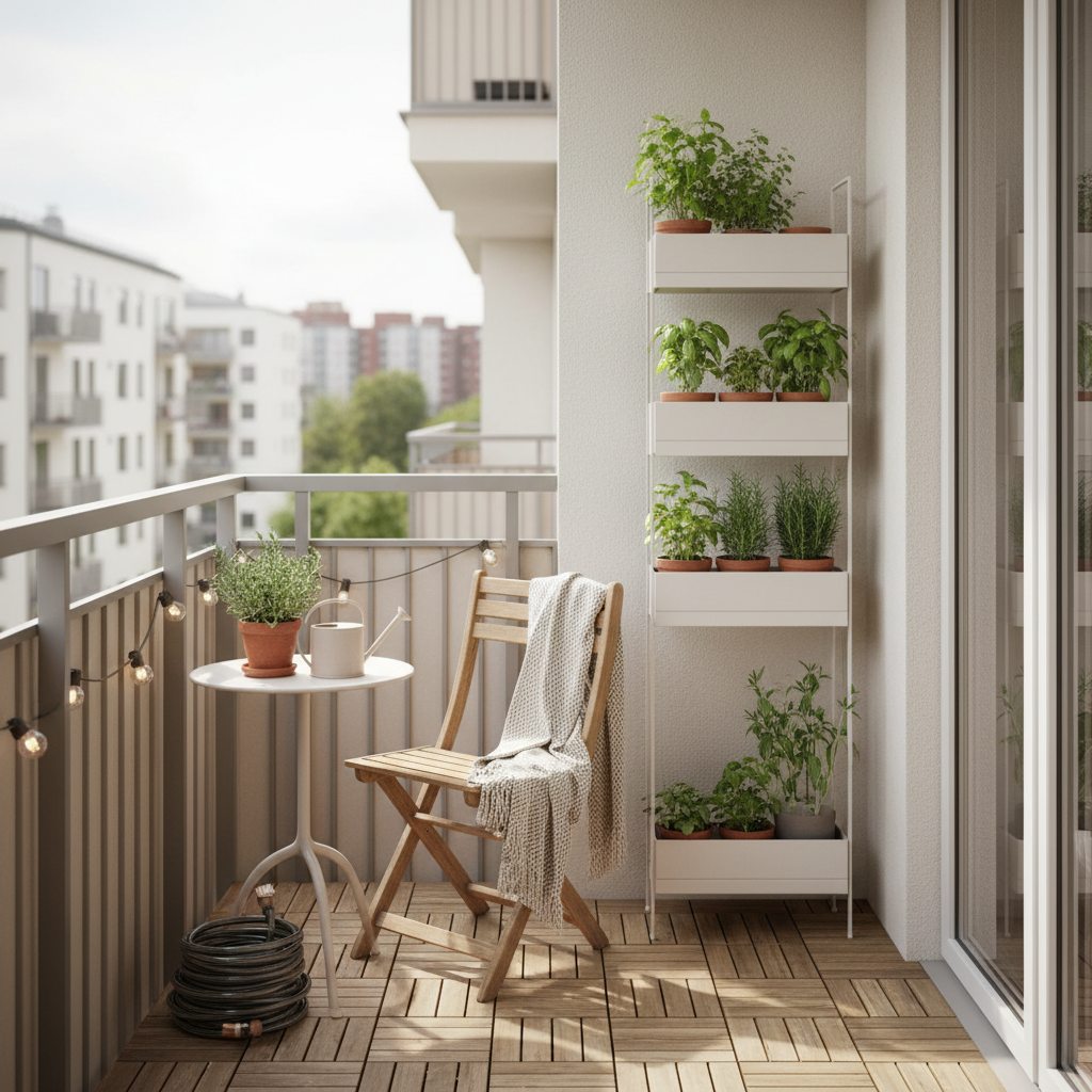 DIY renter-friendly balcony with deck tiles and vertical plant shelf