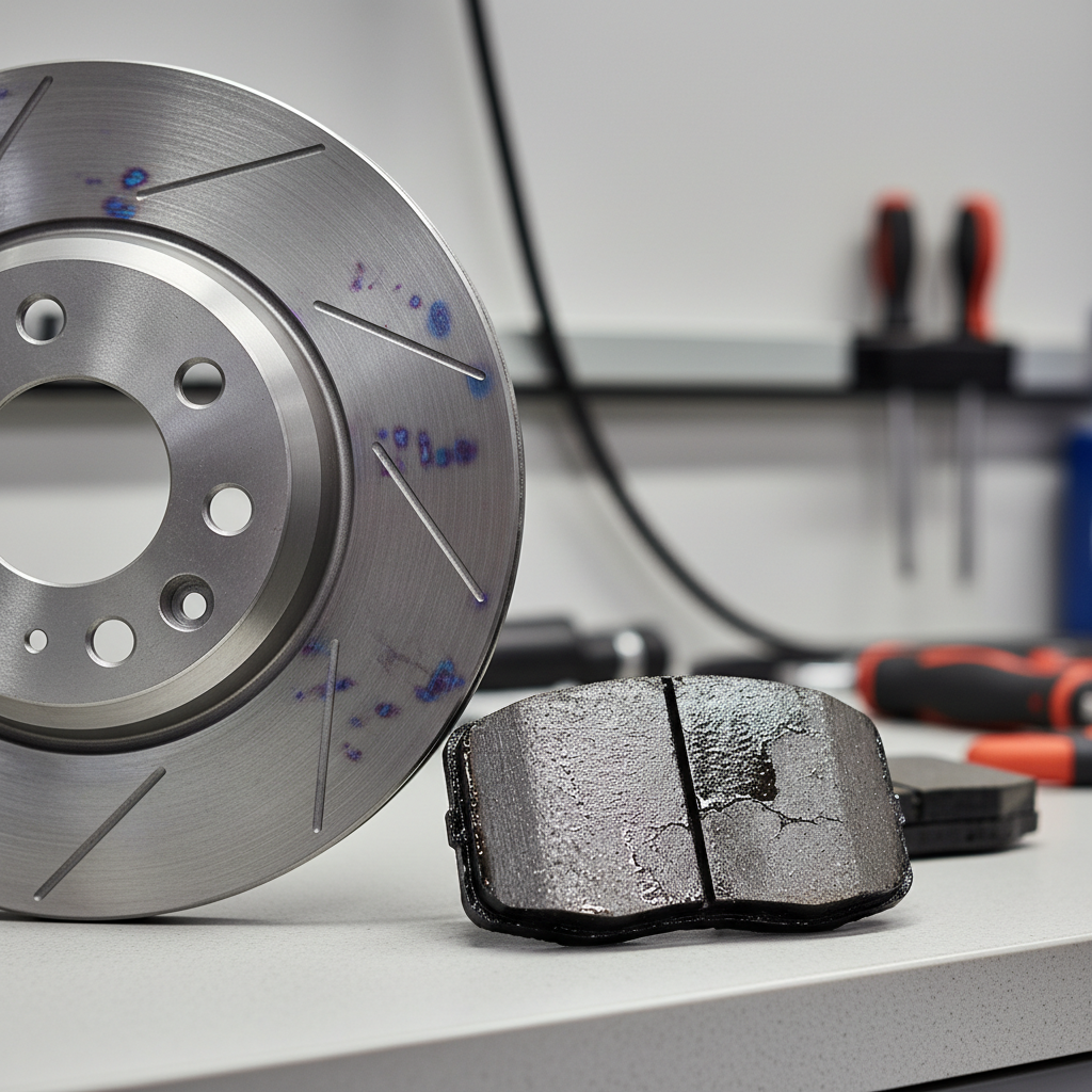 Close-up of brake rotor wear patterns and glazed brake pad surface