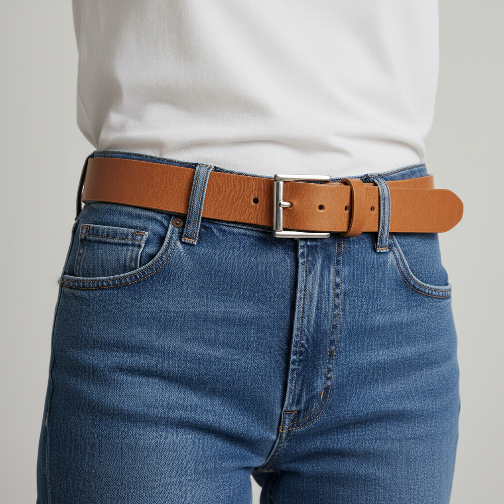 Woman wearing jeans with a classic leather belt, showing belt loops and buckle proportion
