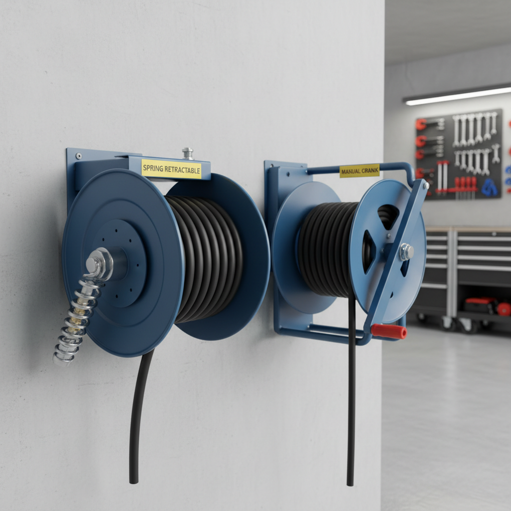 Comparison of air hose reel types for garage use, retractable vs manual rewind