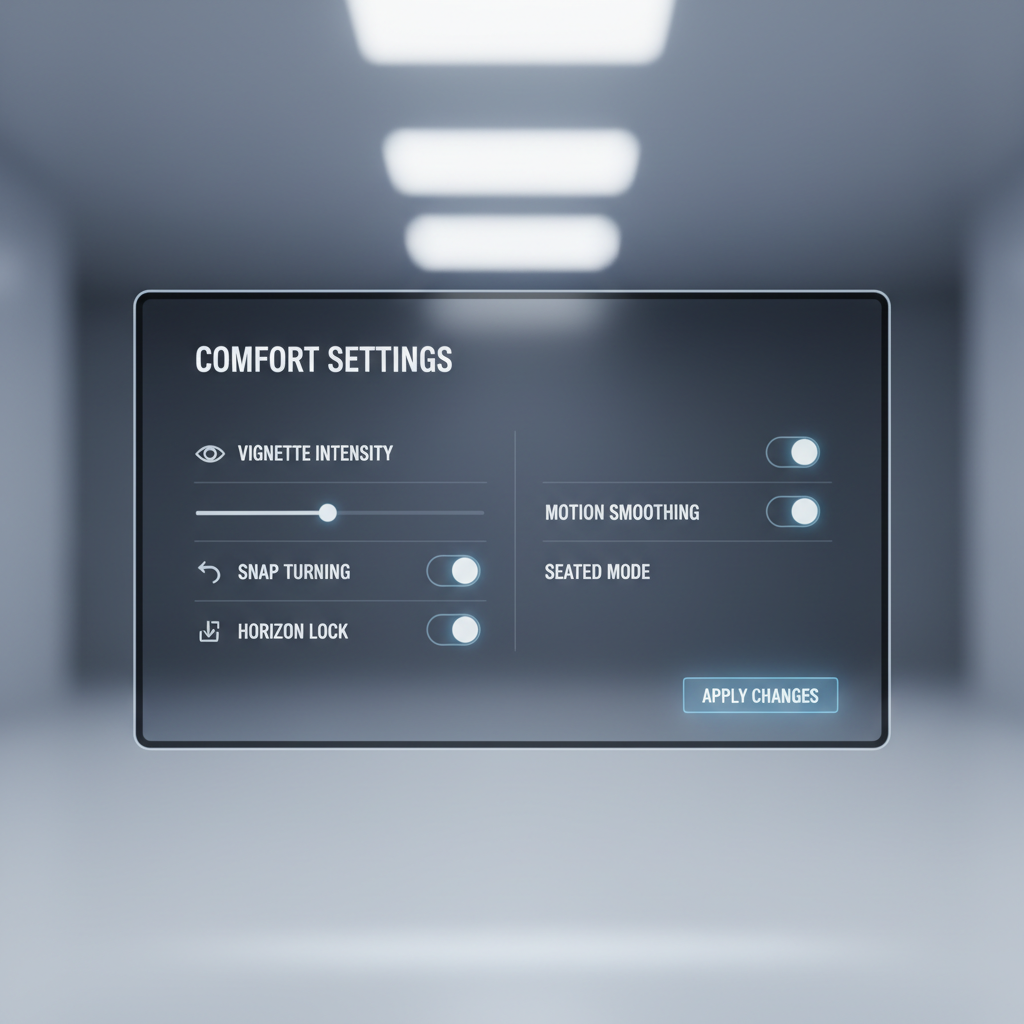 VR comfort settings screen for motion and camera options