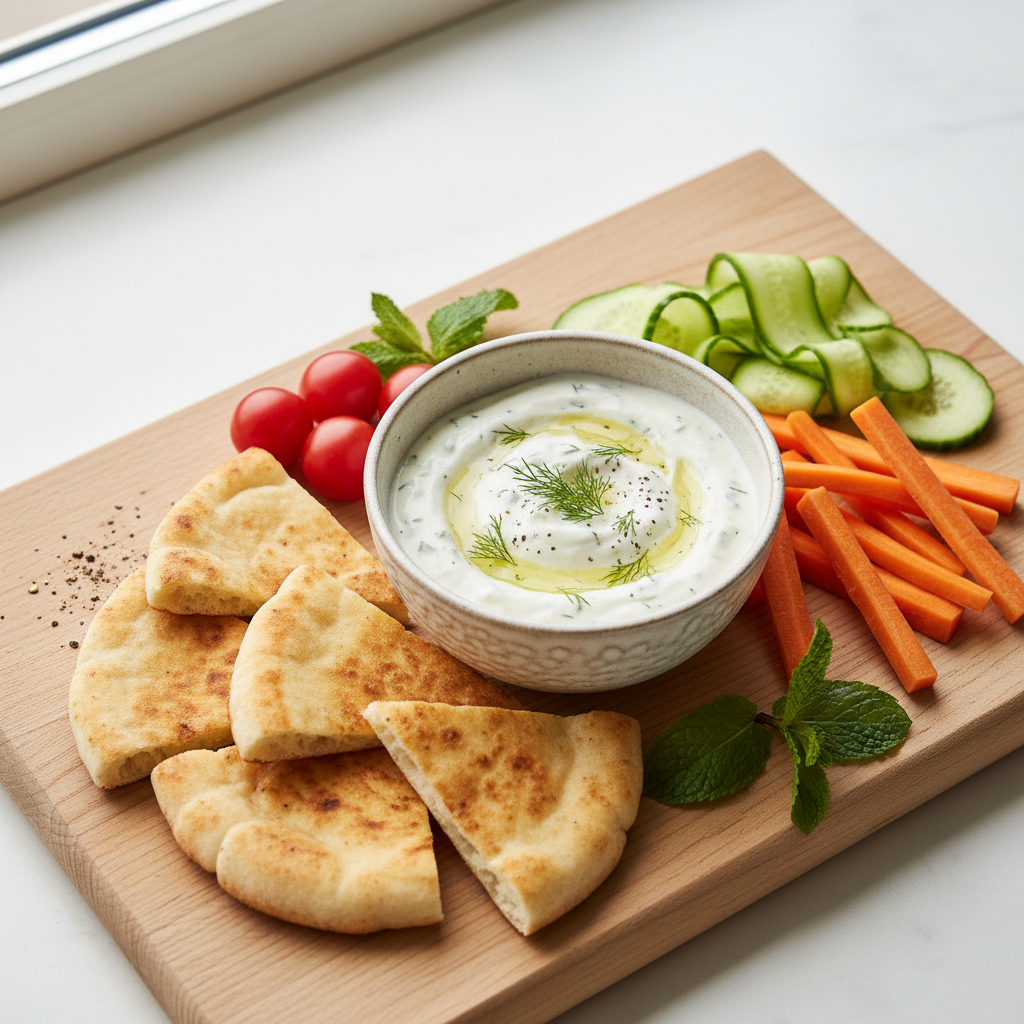 Tzatziki sauce served with pita and fresh vegetables for dipping
