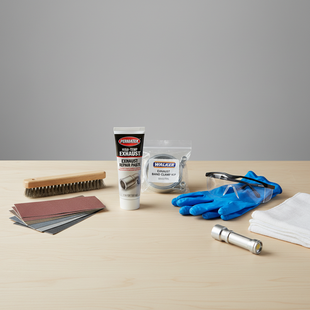 DIY exhaust repair tools laid out: wire brush, sandpaper, gloves, clamp and exhaust paste