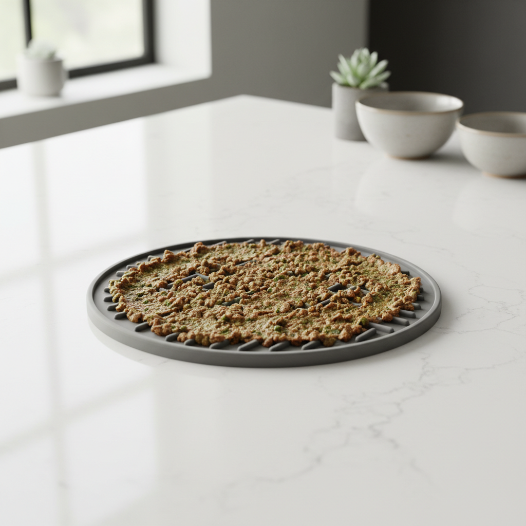 Lick mat with wet dog food spread for slow feeding