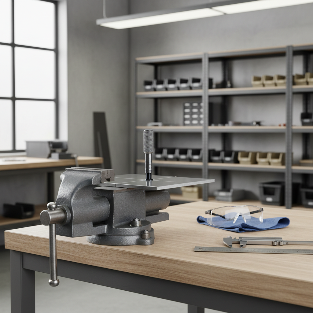 Proper punching setup with vise, safety glasses, and layout tools