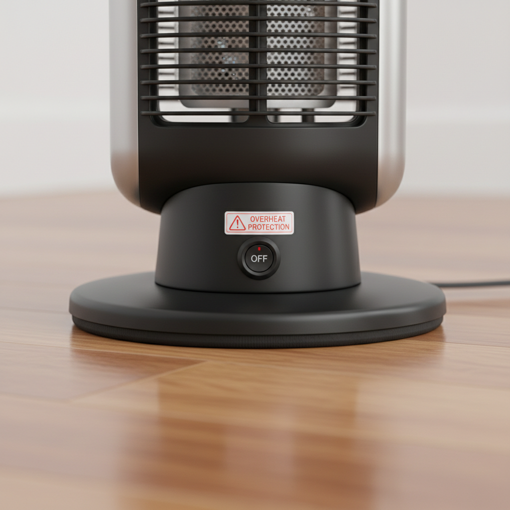 Close-up of space heater safety features like tip-over switch and overheat protection label